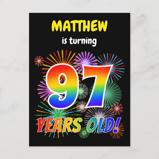 97th Birthday - Fun Fireworks, Rainbow Look "97" Postcard (Front)