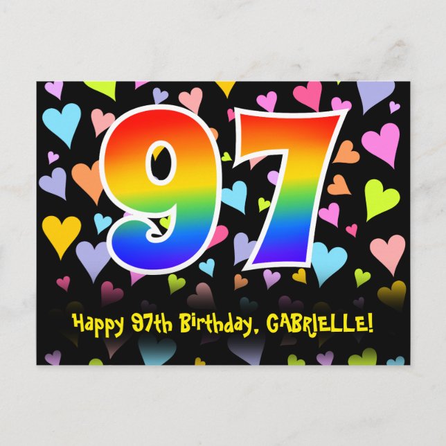 97th Birthday: Fun Hearts Pattern, Rainbow 97 Postcard (Front)