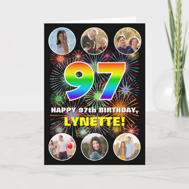 97th Birthday: Fun Rainbow #, Custom Name & Photos Card (Front)