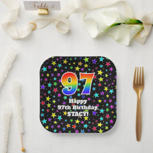 97th Birthday: Fun Stars Pattern and Rainbow “97 Paper Plate