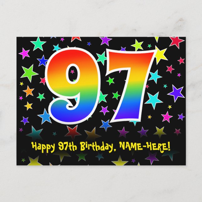 97th Birthday: Fun Stars Pattern, Rainbow 97, Name Postcard (Front)