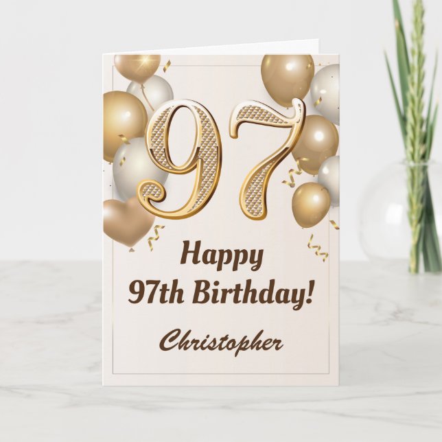 97th Birthday Gold Balloons and Confetti Birthday Card (Front)