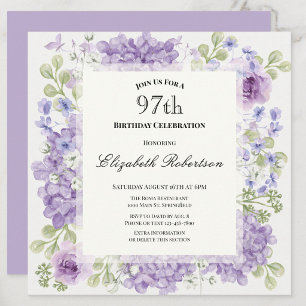 97th Birthday Invitation Elegant Purple Flowers