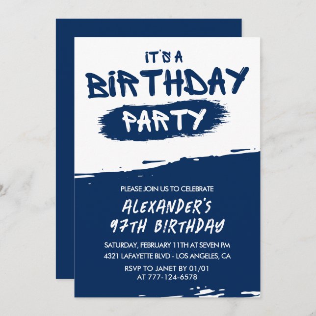 97th birthday invitations Men Graffiti Navy Blue (Front/Back)