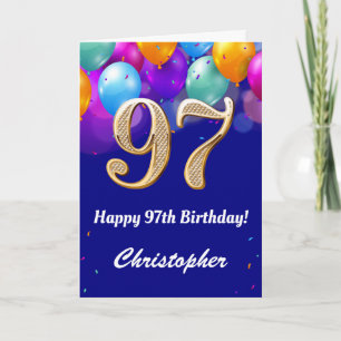 97th Birthday Navy Blue and Gold Colourful Balloon Card