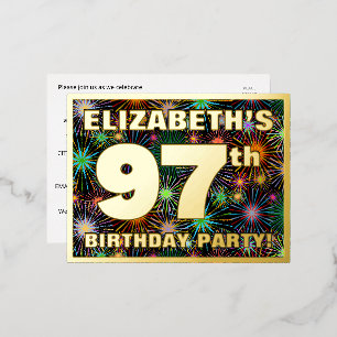 97th Birthday Party: Bold, Colourful Fireworks Loo Foil Invitation Postcard