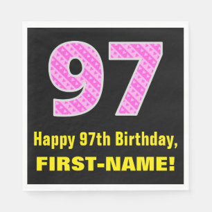 97th Birthday: Pink Stripes and Hearts "97" + Name Napkin