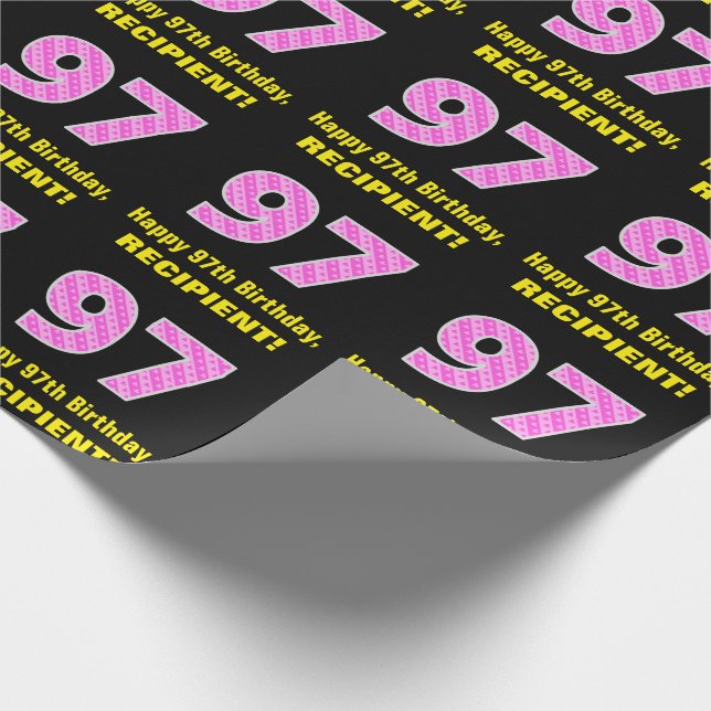 97th Birthday: Pink Stripes and Hearts "97" + Name Wrapping Paper (Corner)
