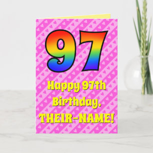 97th Birthday: Pink Stripes & Hearts, Rainbow # 97 Card