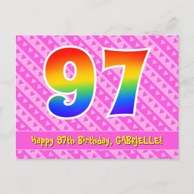 97th Birthday: Pink Stripes & Hearts, Rainbow 97 Postcard (Front)