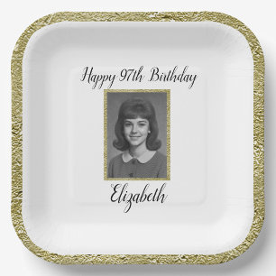 97th Birthday Plate Custom Photo White and Gold