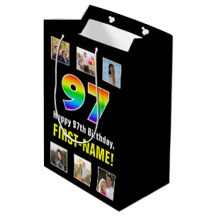 97th Birthday: Rainbow “97“, Custom Photos & Name Medium Gift Bag
