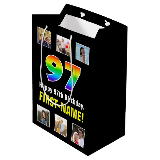 97th Birthday: Rainbow “97“, Custom Photos & Name Medium Gift Bag (Back Angled)