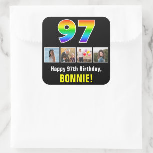 97th Birthday: Rainbow “97”; Custom Photos & Name Square Sticker