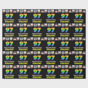 97th Birthday: Rainbow “97“; Custom Photos & Name Wrapping Paper