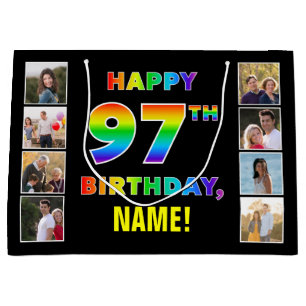 97th Birthday: Rainbow Text, Custom Photos & Name Large Gift Bag