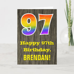 97th Birthday: Rustic Faux Wood Look, Rainbow "97" Card