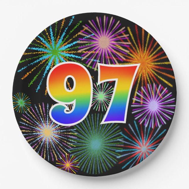 97th Event - Fun, Colourful, Bold, Rainbow 97 Paper Plate (Front)