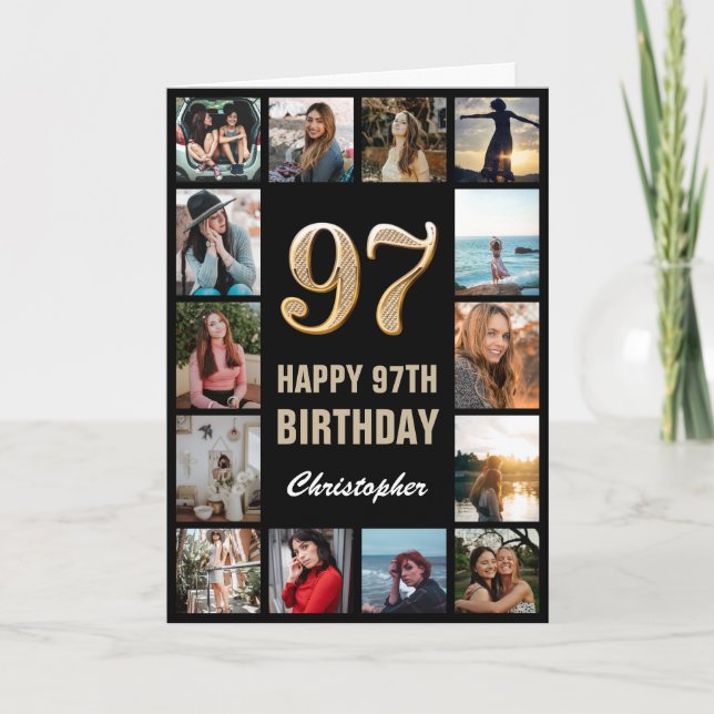 97th Happy Birthday Black and Gold Photo Collage Card (Front)