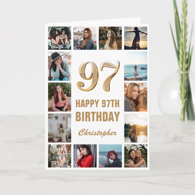 97th Happy Birthday Gold and White Photo Collage Card (Front)