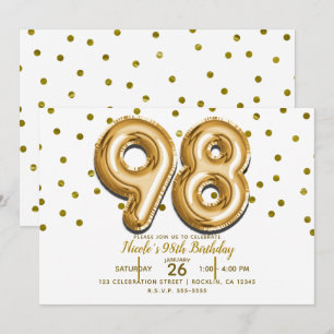 98 Gold Balloons & Confetti 98th Birthday Party Invitation