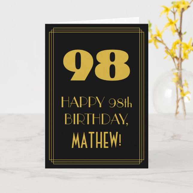 98th Birthday – Art Deco Inspired Look "98" & Name Card (Yellow Flower)
