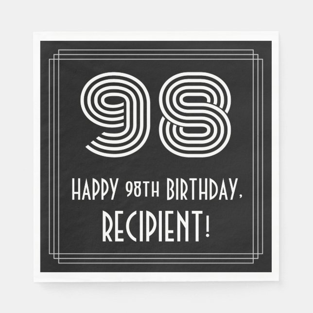 98th Birthday: Art Deco Inspired Look "98" + Name Napkin (Front)