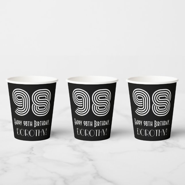 98th Birthday — Art Deco Inspired Look “98” + Name Paper Cups (Multi)