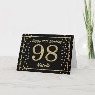 98th Birthday Black and Gold Glitter Confetti Card