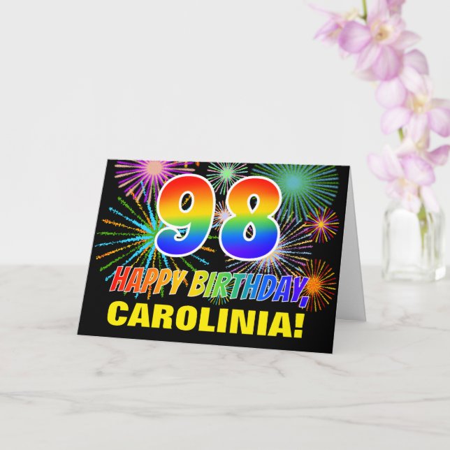 98th Birthday: Bold, Fun, Fireworks, Rainbow 98 Card (Orchid)