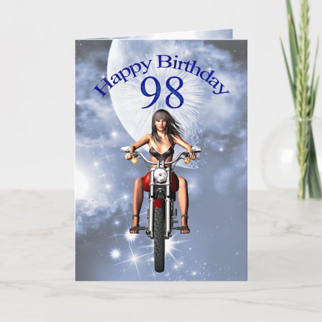 98th Birthday card with a motorbike and girl rider (Front)