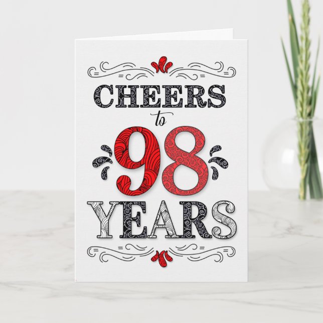 98th Birthday Cheers in Red White Black Pattern Card (Front)