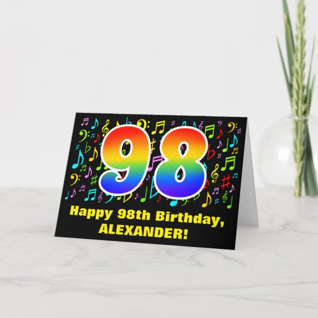 98th Birthday: Colorful Music Symbols & Rainbow 98 Card (Front)
