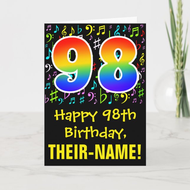 98th Birthday: Colorful Music Symbols + Rainbow 98 Card (Front)