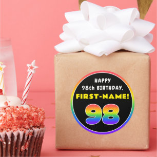 98th Birthday: Colorful Rainbow # 98, Custom Name Classic Round Sticker