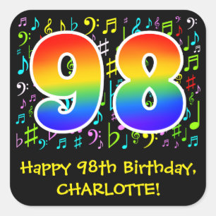 98th Birthday: Colourful Music Symbols, Rainbow 98 Square Sticker