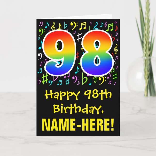 98th Birthday: Colourful Music Symbols + Rainbow 9 Card (Front)