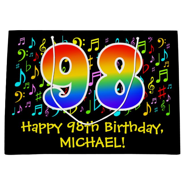 98th Birthday - Colourful Music Symbols, Rainbow 9 Large Gift Bag (Front)