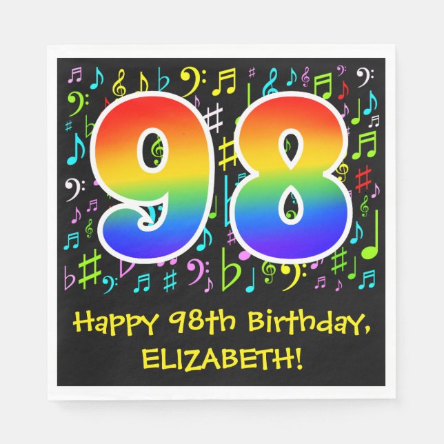 98th Birthday - Colourful Music Symbols, Rainbow 9 Napkin (Front)