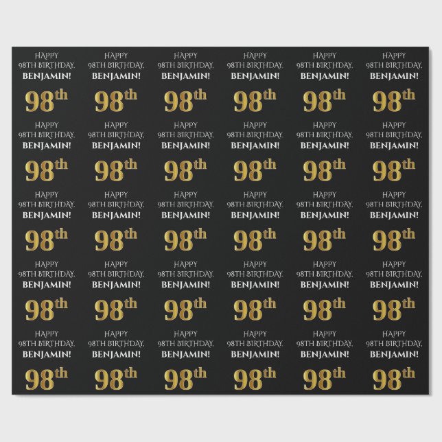 98th Birthday: Elegant, Black, Faux Gold Look Wrapping Paper (Flat)