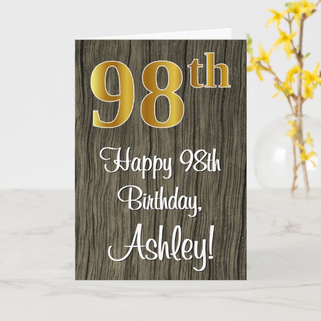 98th Birthday: Elegant Faux Gold Look #, Faux Wood Card (Yellow Flower)