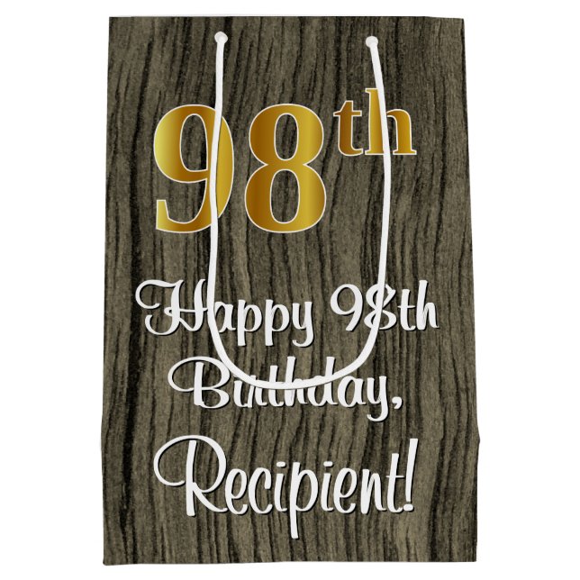 98th Birthday: Elegant Faux Gold Look #, Faux Wood Medium Gift Bag (Back)