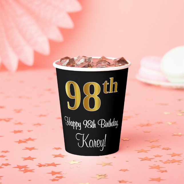 98th Birthday - Elegant Luxurious Faux Gold Look # Paper Cups (Insitu)