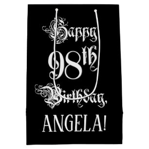 98th Birthday: Fancy, Elegant Script + Custom Name Medium Gift Bag