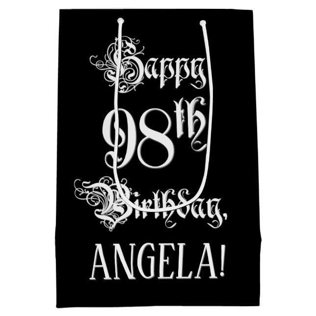 98th Birthday: Fancy, Elegant Script + Custom Name Medium Gift Bag (Back)