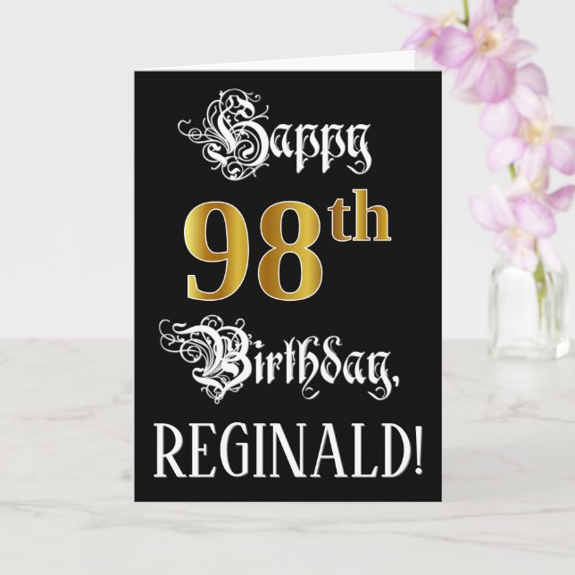 98th Birthday — Fancy Script; Faux Gold Look; Name Card (Orchid)