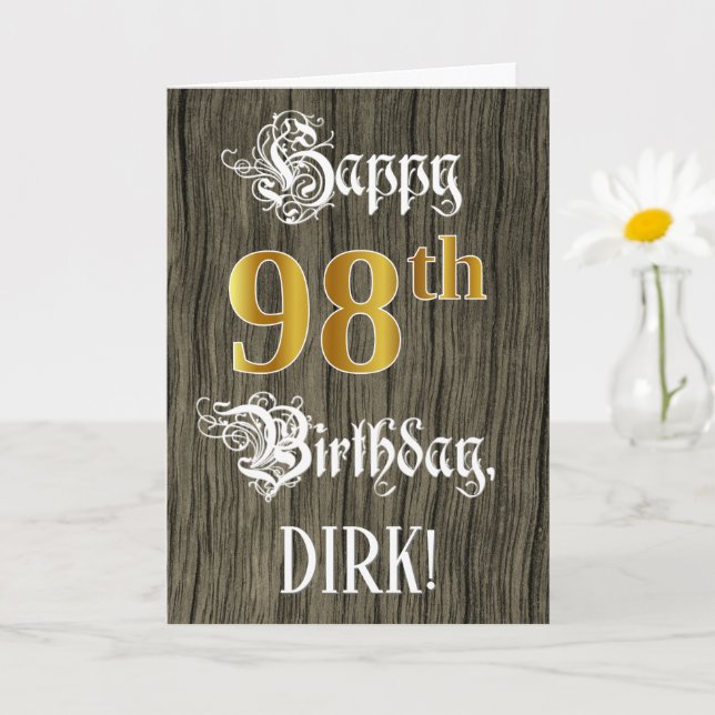 98th Birthday: Faux Gold Look + Faux Wood Pattern Card (Small Plant)