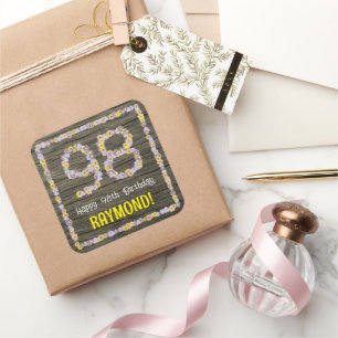 98th Birthday: Floral Number, Faux Wood Look, Name Square Sticker