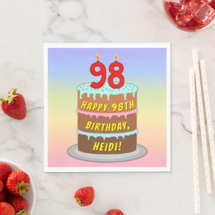 98th Birthday: Fun Cake and Candles + Custom Name Napkin