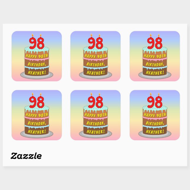 98th Birthday: Fun Cake and Candles + Custom Name Square Sticker (Sheet)